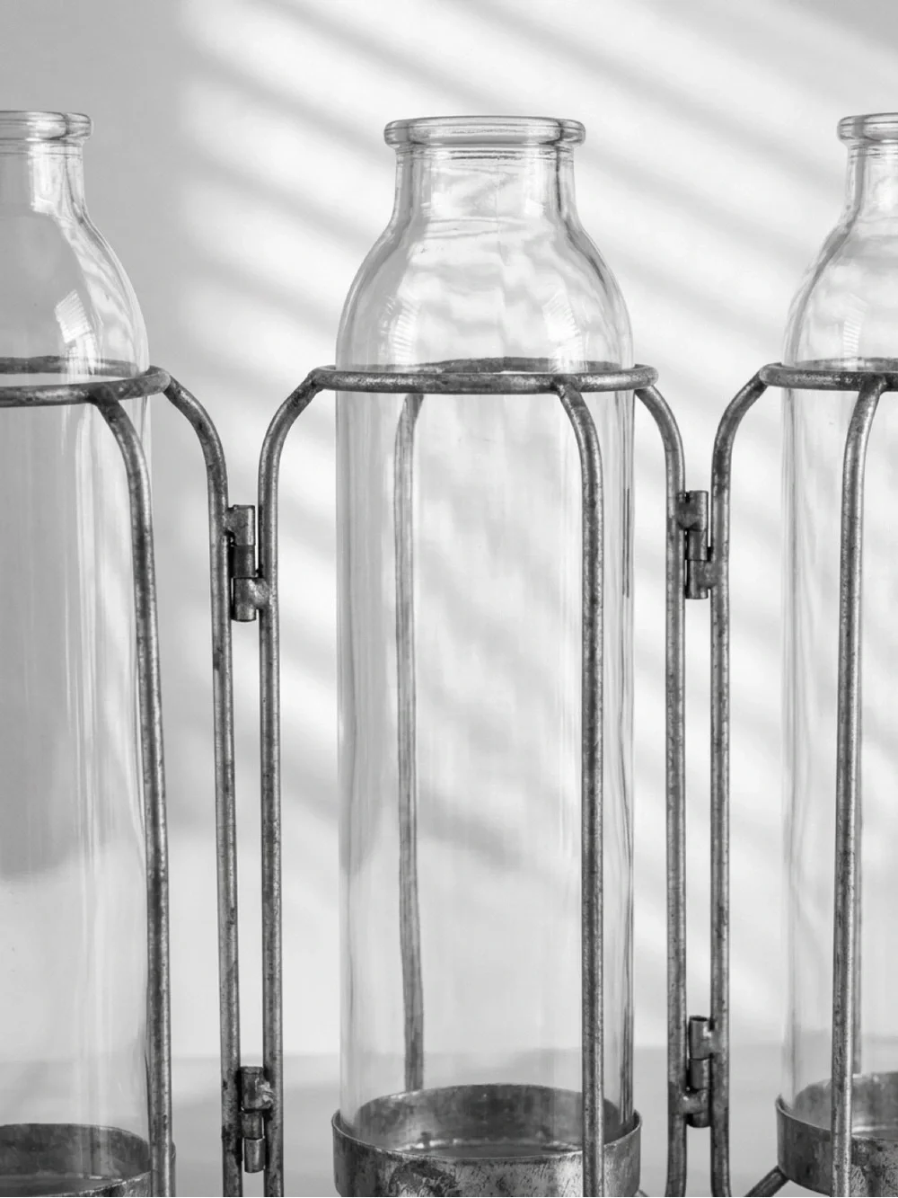 Clear Glass Bottle Trio with Hinged Metal Frames - Rustic Home Accents NWOT